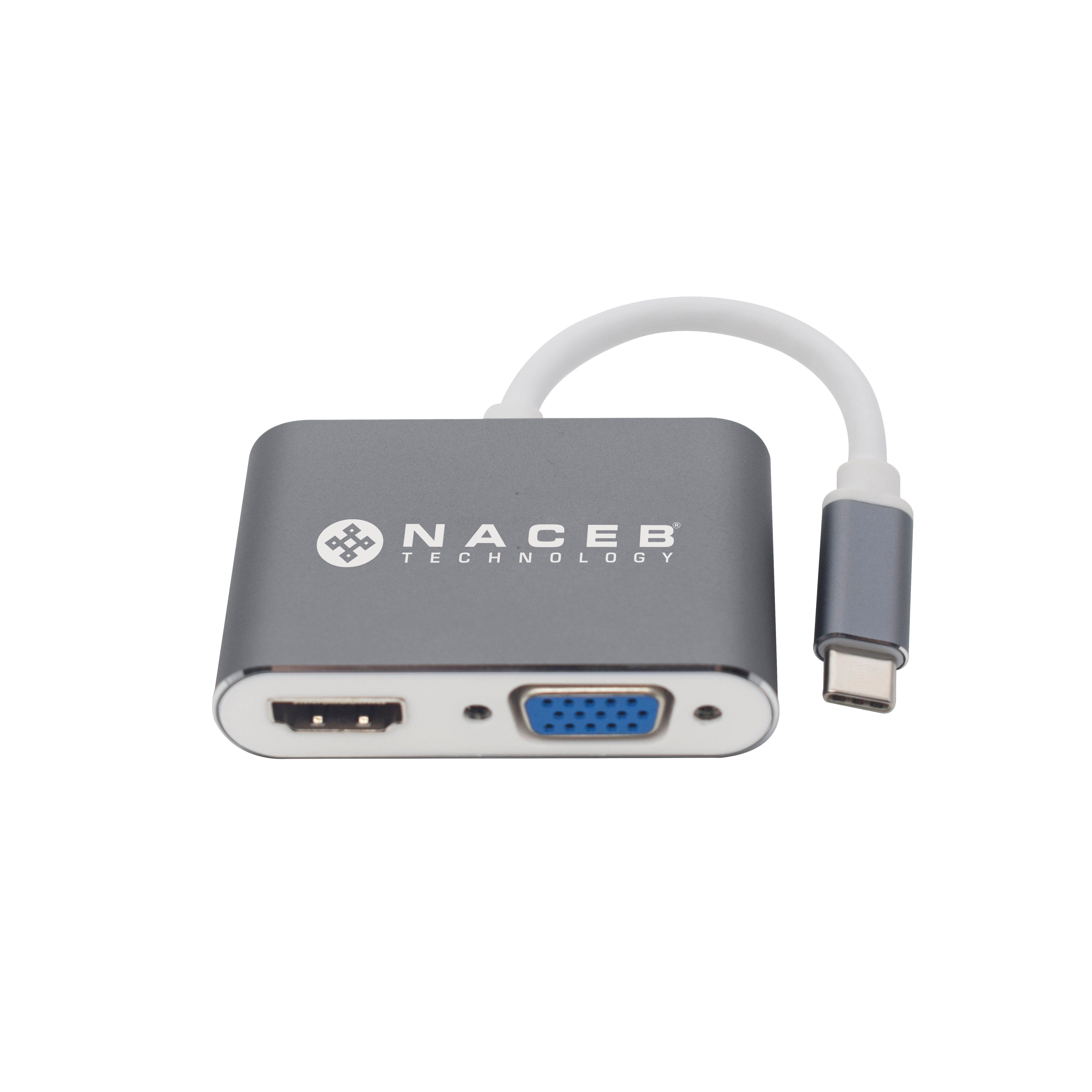 Adaptador Tipo C a HDMI+VGA Naceb Technology NA-0113 - Plata, USB C, HDMI+VGA Adaptador Tipo C a HDMI+VGA Naceb Technology NA-0113 - Plata, USB C, HDMI+VGA
